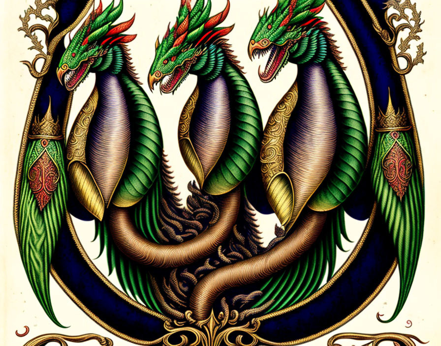 Three-headed dragon illustration in golden armor, green and red heads.