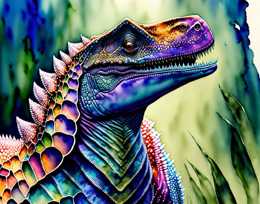 Colorful Lizard Illustration with Iridescent Blue, Purple, Orange, and Green Scales