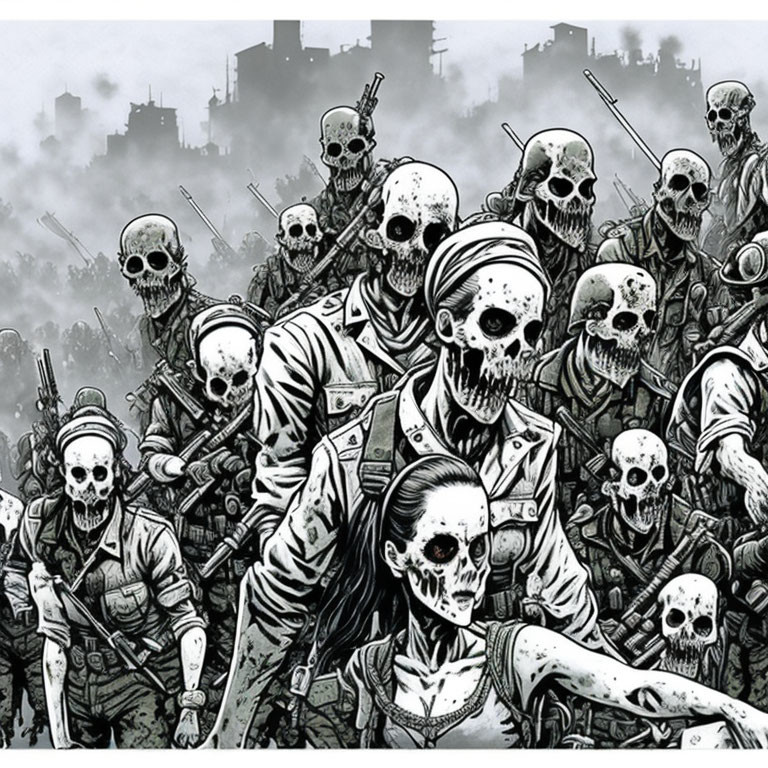 Skeletal zombie army in military attire in desolate cityscape