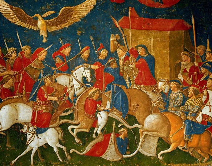 Medieval Battle Scene Painting: Armored Knights, Soldiers with Swords, Stork, Vibrant Blue