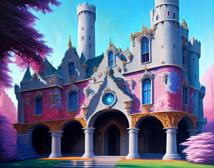 Fantastical pink and gold castle with towers under bright blue sky and vibrant purple foliage