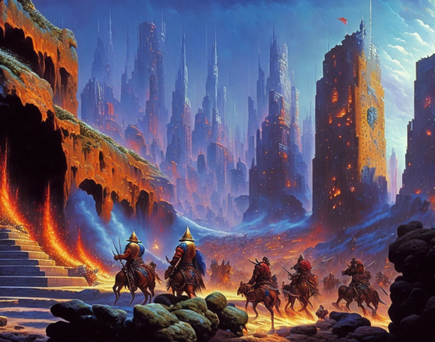 Fantasy artwork of knights on horseback near lava-lit cityscape