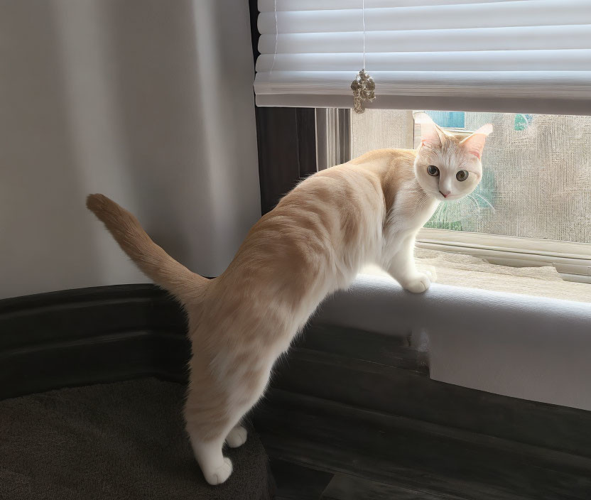 Light-Colored Cat with Prominent M Marking Gazing from Windowsill