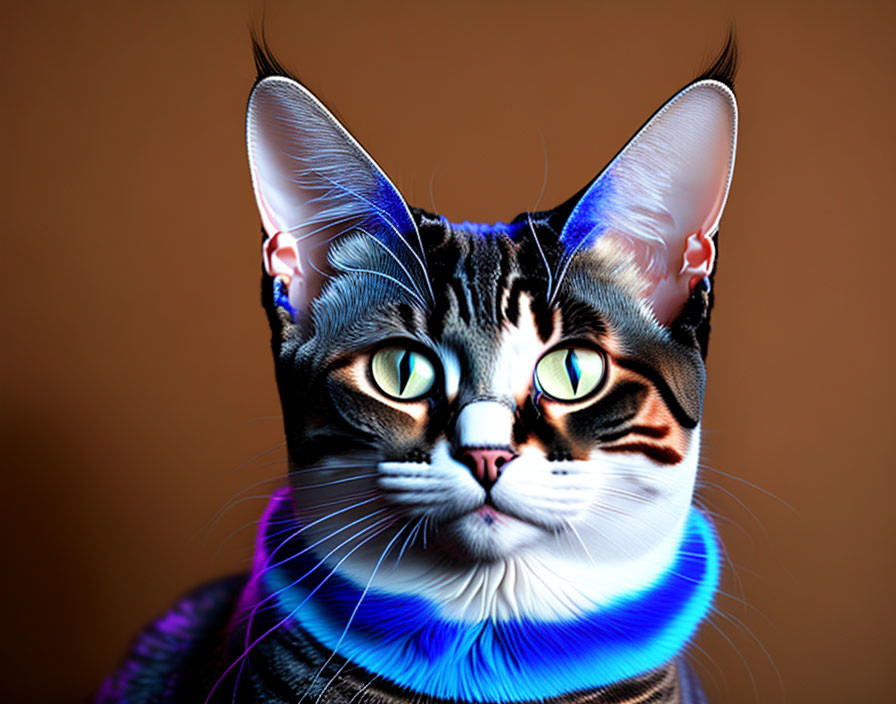 Digitally altered image of a cat in vibrant colors with human-like hoodie resemblance