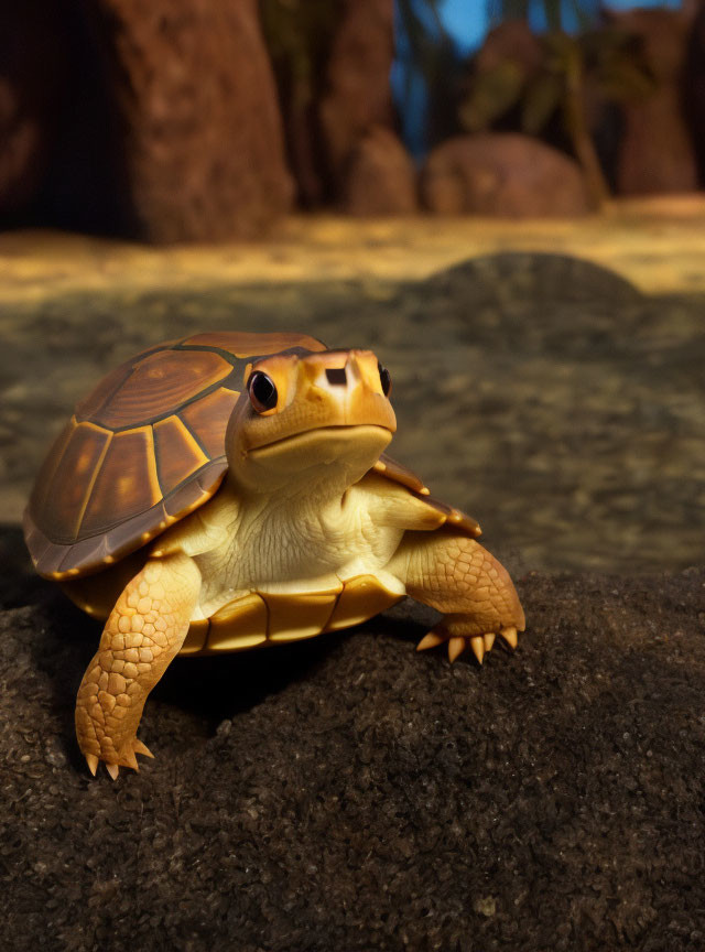 Detailed animated turtle on rock with expressive face.