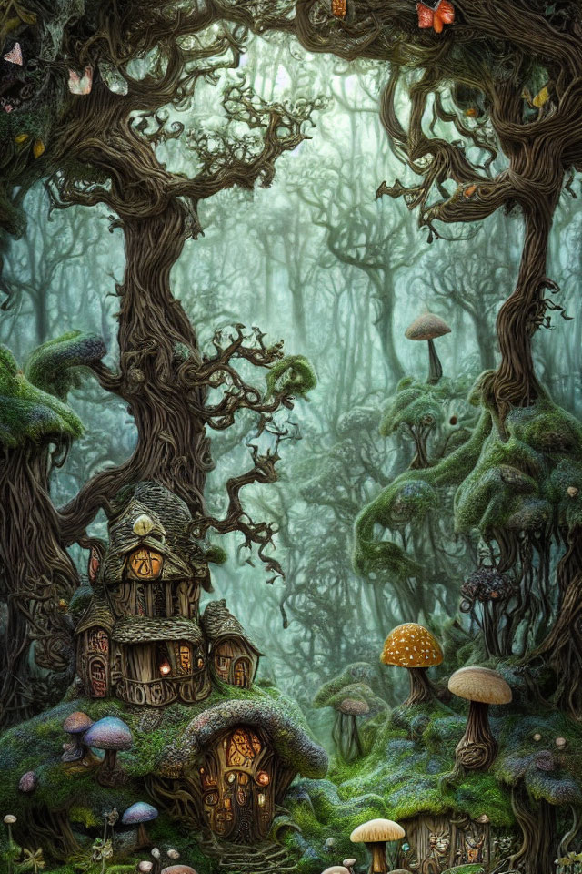 Enchanting forest with whimsical trees, fairy-tale house, mushrooms, and moss-covered grounds