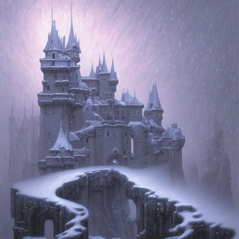 Snowy Cliff Castle Enveloped in Mystical Snowfall Haze