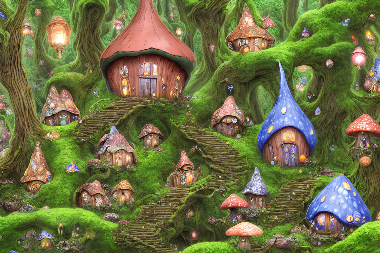 Whimsical forest scene with mushroom houses and staircase