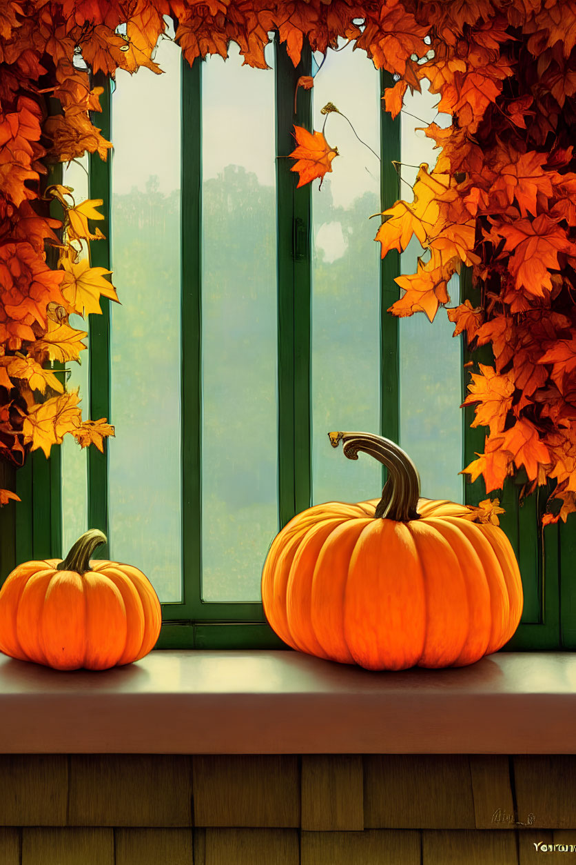 Autumn-themed window display with pumpkins and fall foliage.