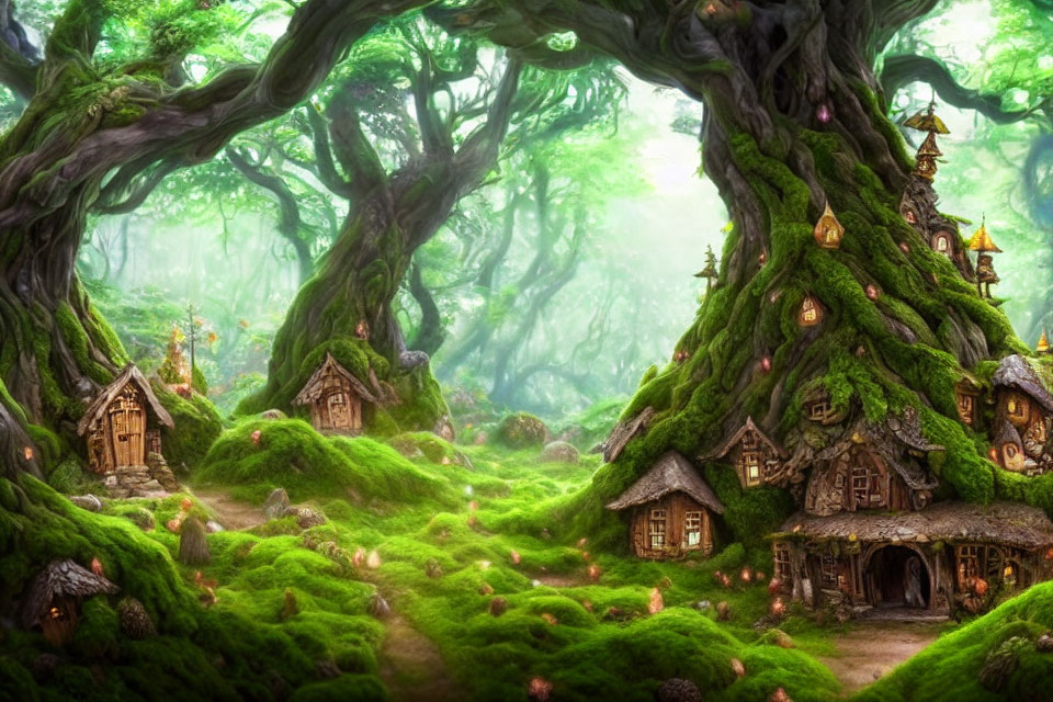 Moss-Covered Enchanted Forest with Treehouses and Cottages