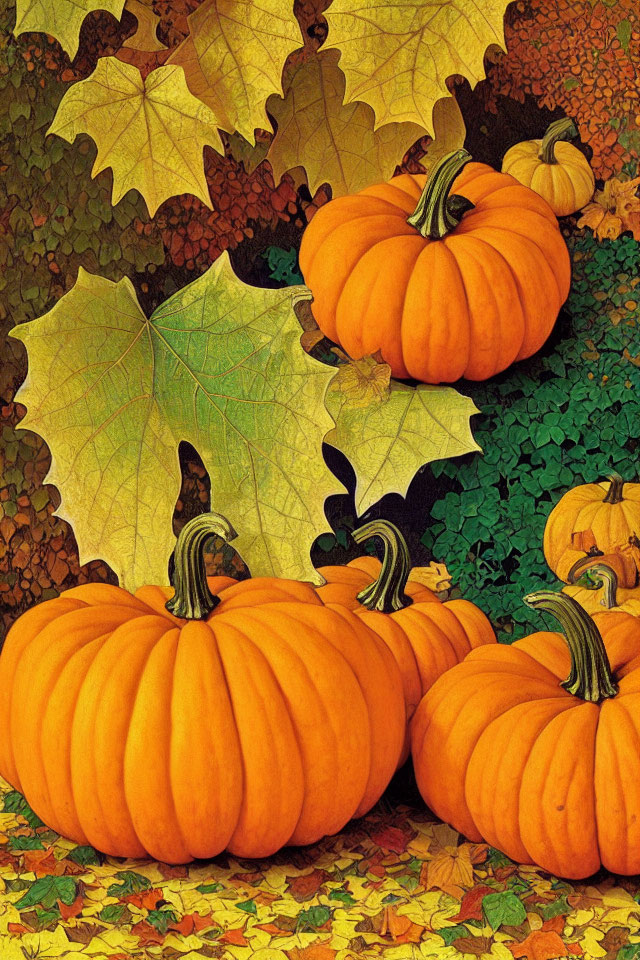 Colorful Autumn Harvest Scene with Pumpkins and Leaves