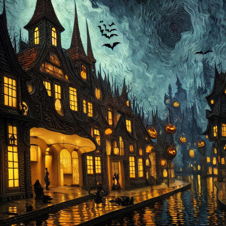 Eerie Halloween Village with Jack-o'-lanterns and Haunted Mansion Vibes