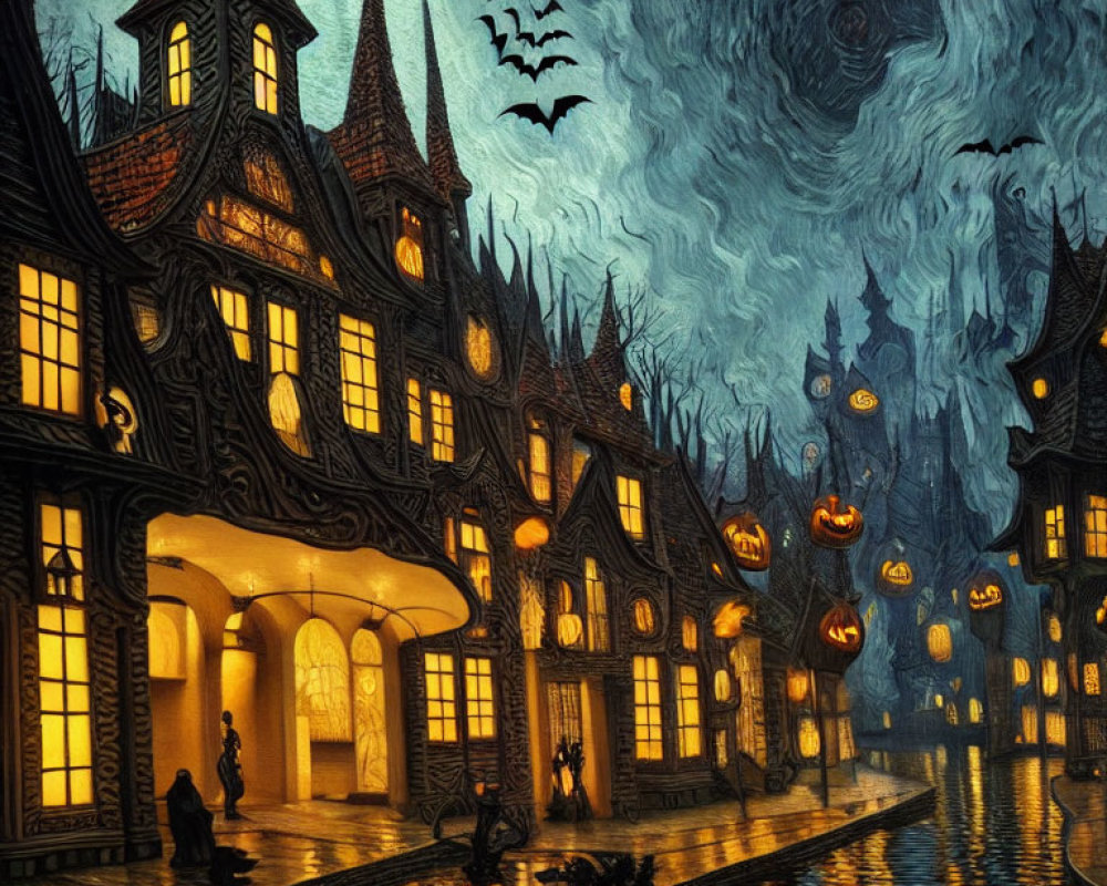 Eerie Halloween Village with Jack-o'-lanterns and Haunted Mansion Vibes