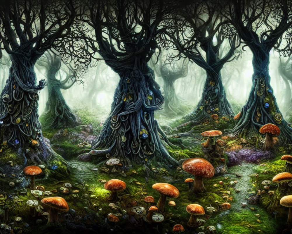 Enchanted Forest with Moss, Mushrooms, and Foggy Atmosphere