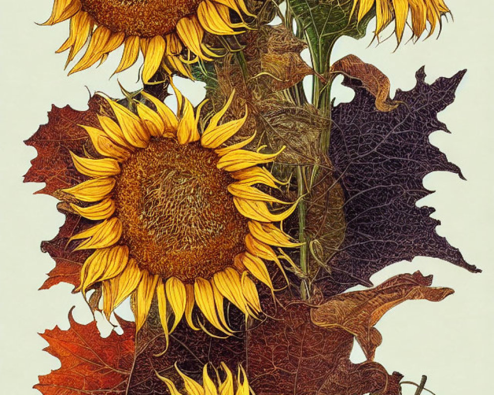 Detailed Illustration of Vibrant Sunflowers and Textured Leaves