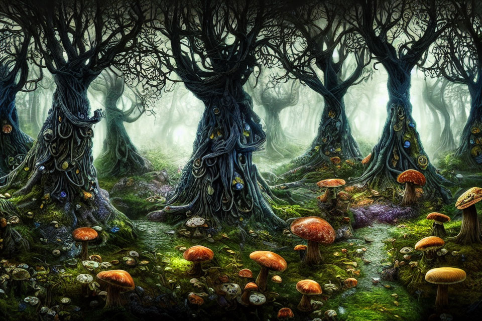 Enchanted Forest with Moss, Mushrooms, and Foggy Atmosphere