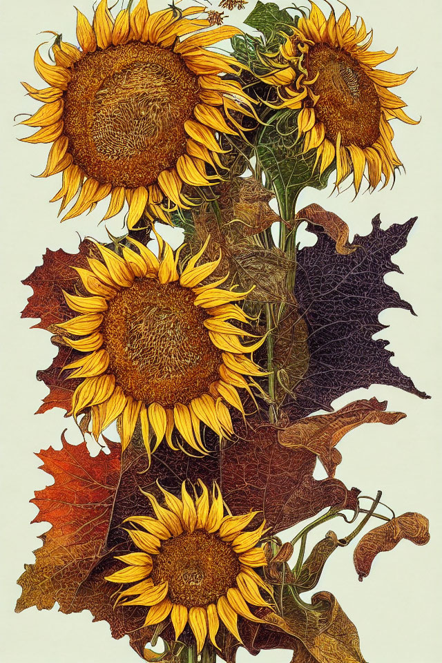 Detailed Illustration of Vibrant Sunflowers and Textured Leaves