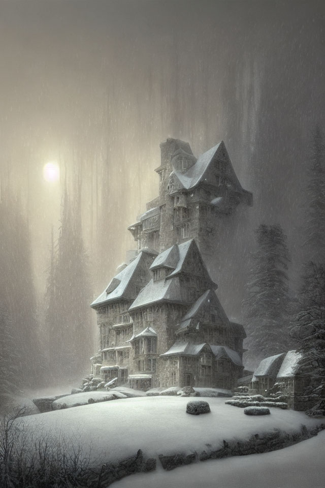 Grand Wooden House in Snowy Forest with Falling Snowflakes