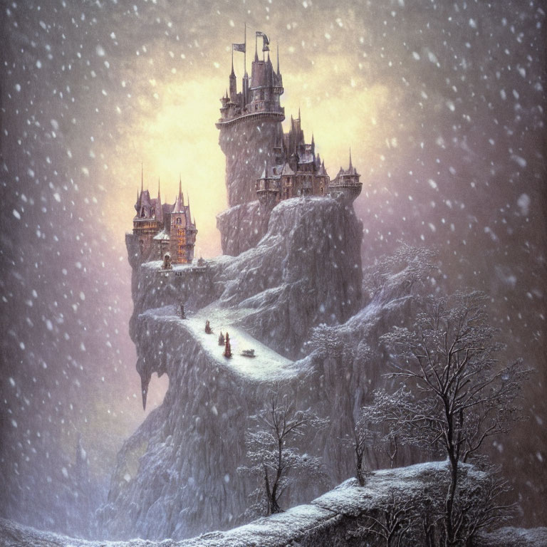 Snowy cliff fantasy castle with warm lights and travelers on winding path