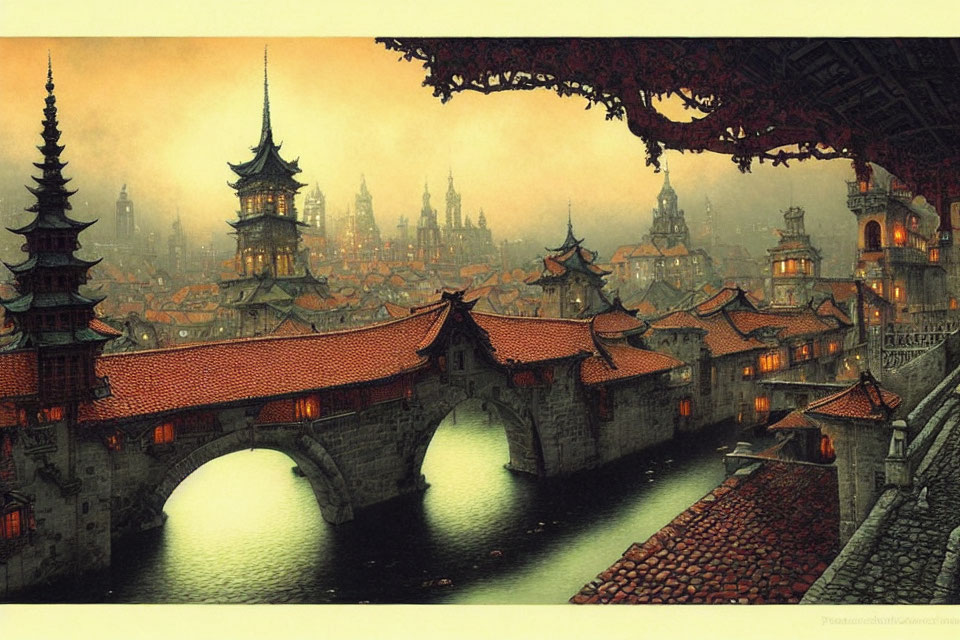 Fantasy cityscape with mist, ornate towers, stone bridges, cobblestone streets, twilight