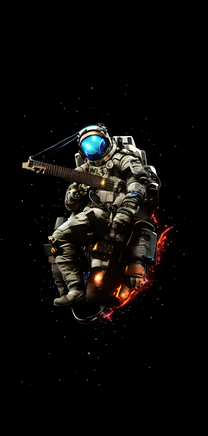 Astronaut playing guitar in space with jetpack and red thrusters