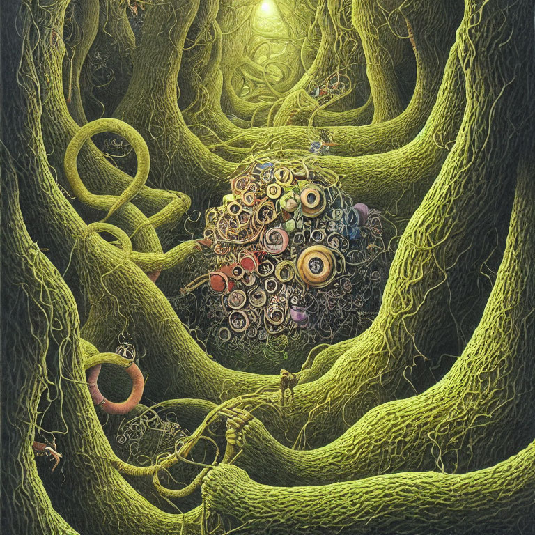 Surreal forest with snakelike trees and colorful eye orb, small human figures exploring landscape