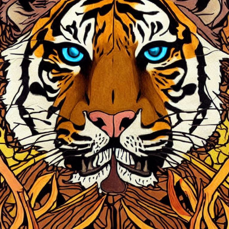 Colorful Tiger Face Illustration with Intricate Patterns and Blue Eyes