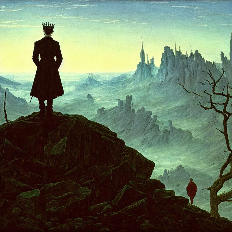 Regal figure in crown overlooks desolate landscape