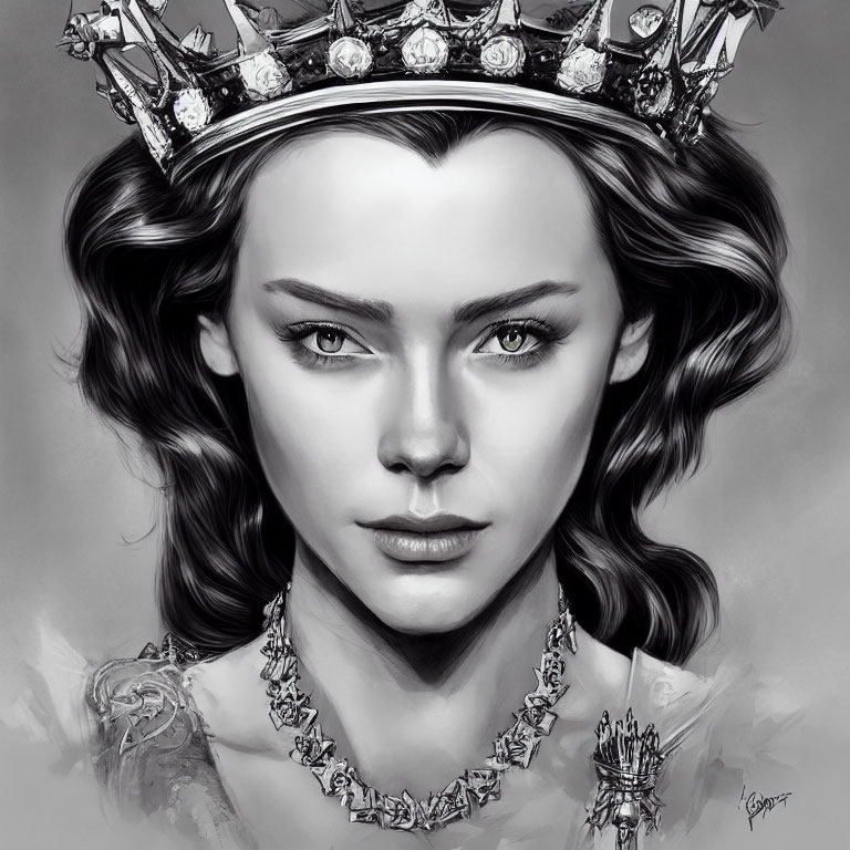 Monochromatic digital art of woman with regal crown and intense gaze