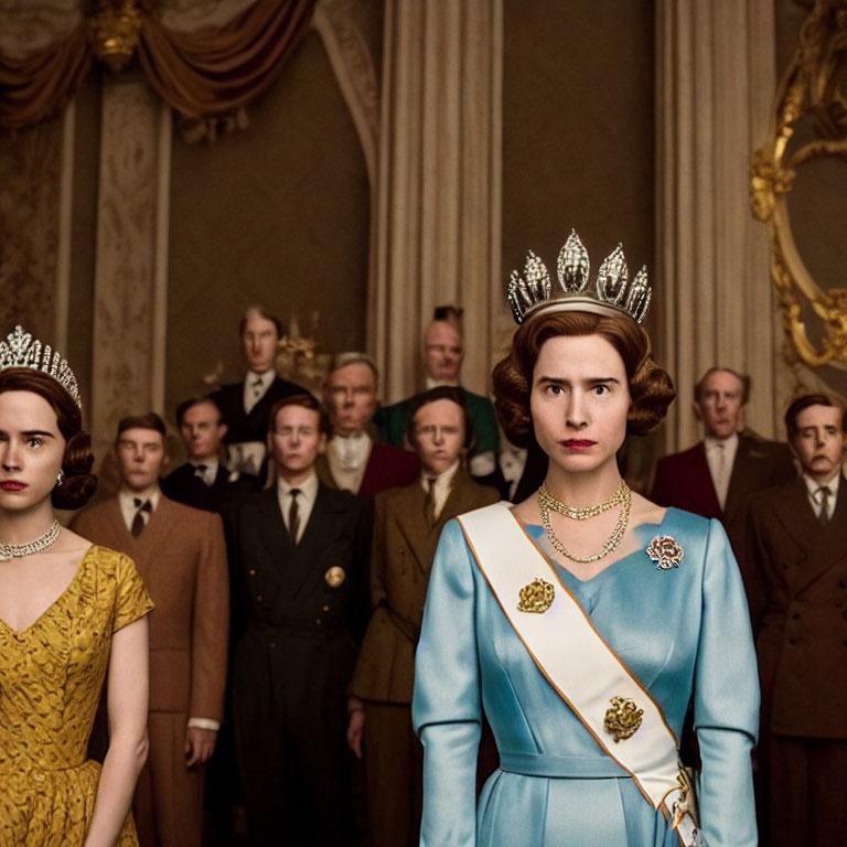 Formal Gathering with Women in Royal Attire and Men in Suits