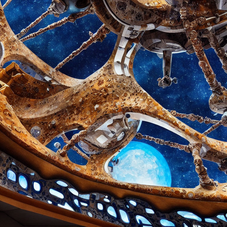 Steampunk structure with gears and metalwork under starry sky framing Earth.