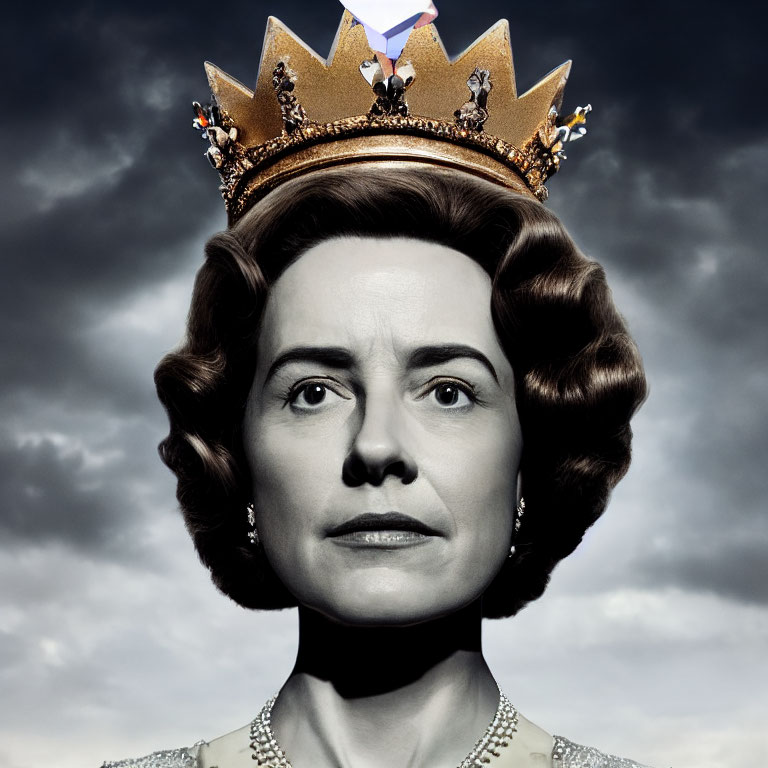 Woman portrait with stylized crown against cloudy sky.