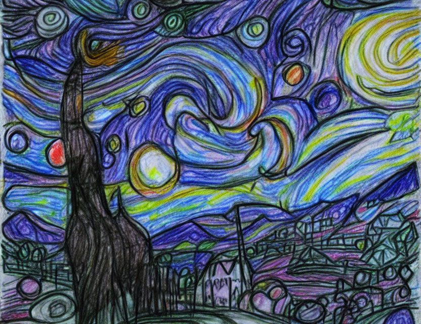 Colorful drawing inspired by swirling skies and a cypress tree