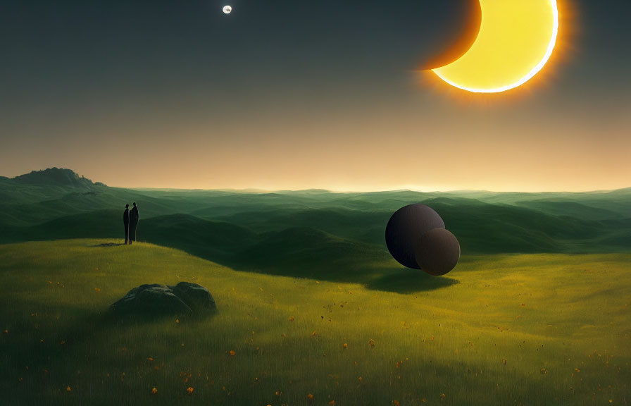 Figure on grassy hill under surreal sky with partial eclipse and mysterious sphere