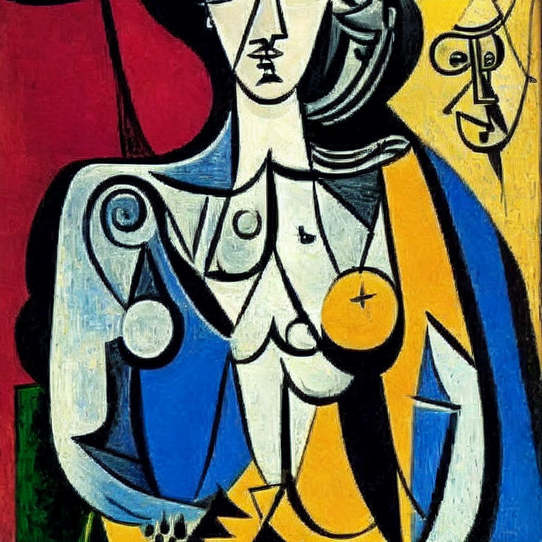 Cubist painting of female figure with geometric shapes and vibrant colors