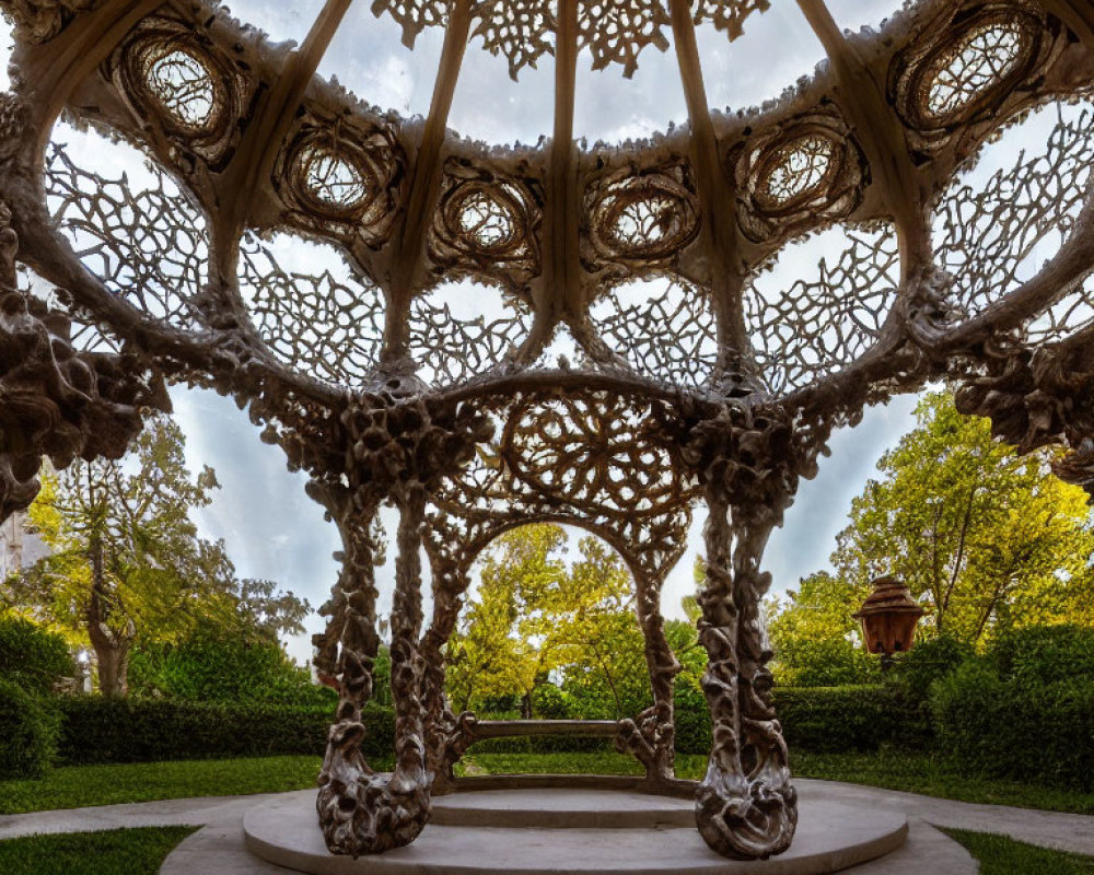 Ornate lattice gazebo in serene garden setting