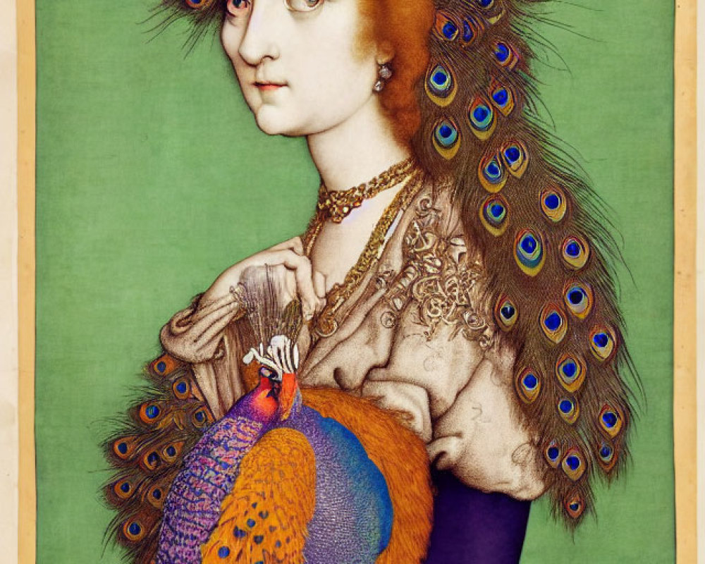 Woman with Peacock Headdress and Exotic Bird on Arm in Green Background