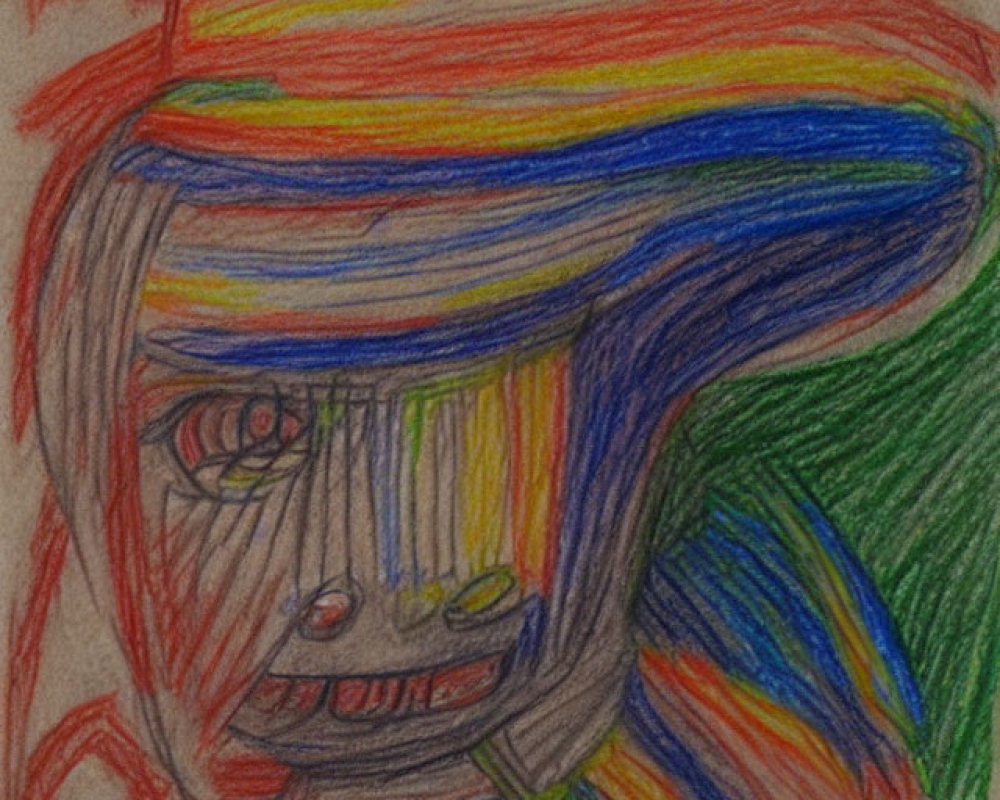 Vibrant child's drawing of whimsical face on textured paper