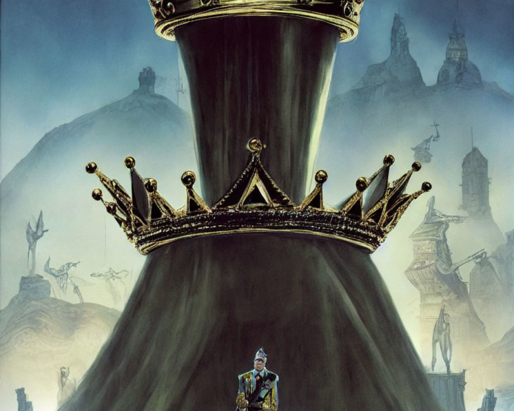 Person standing under towering chess king's shadow with crowns and mountainous castles.