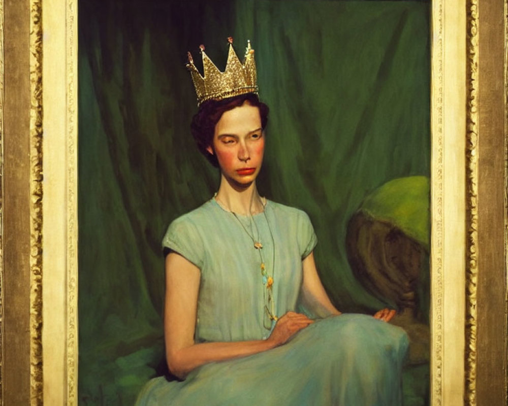 Portrait of Person in Crown and Blue Dress on Green Background