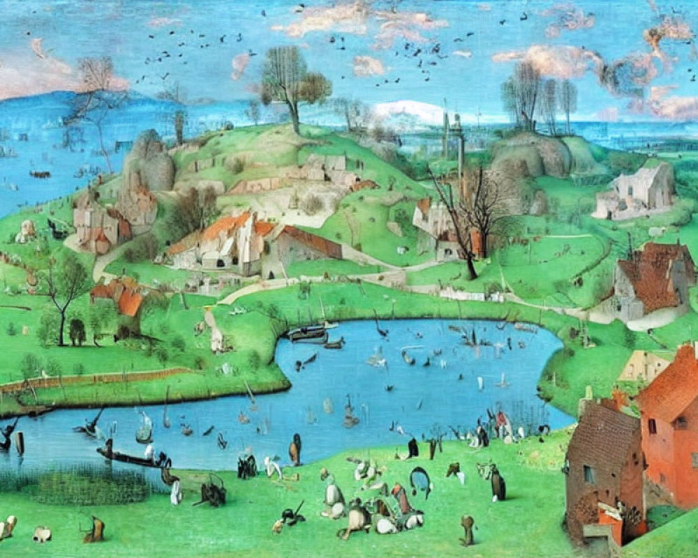 Medieval landscape with villagers, cottages, boats, and greenery