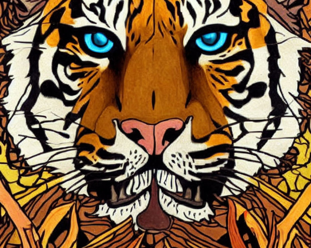 Colorful Tiger Face Illustration with Intricate Patterns and Blue Eyes