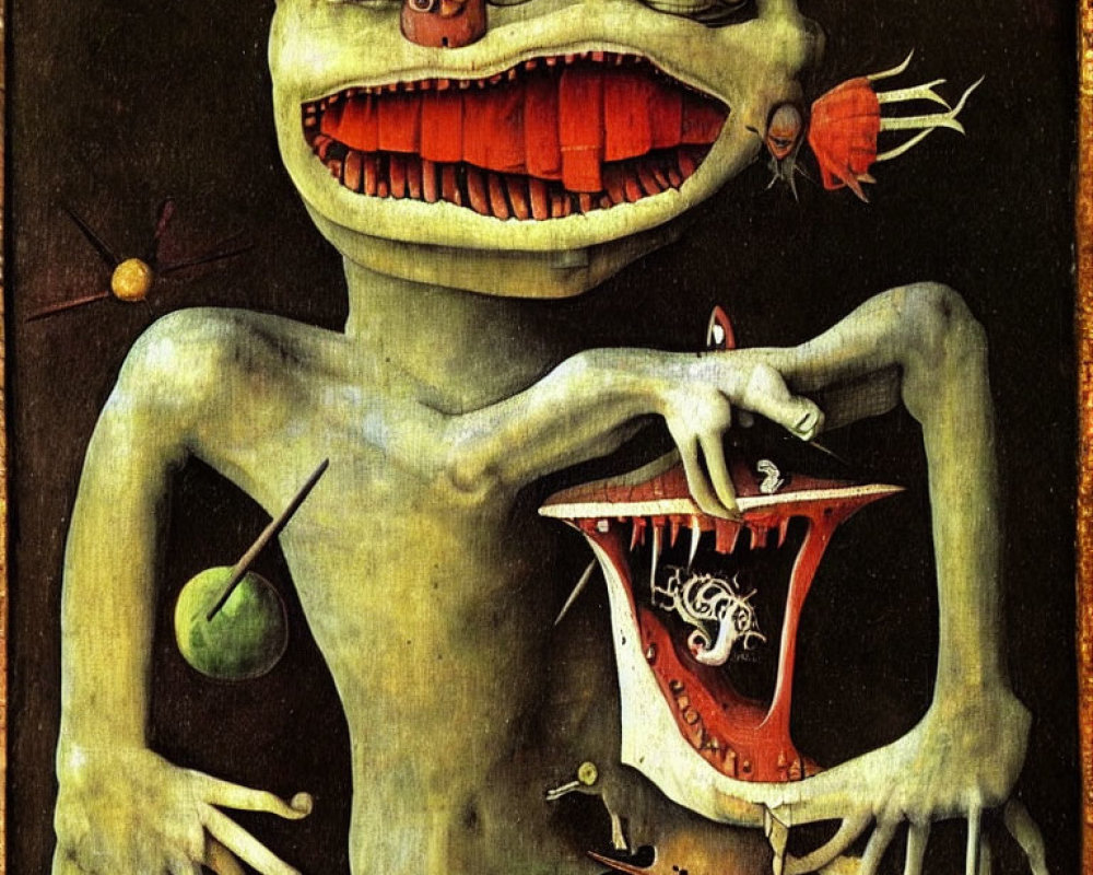 Surreal green humanoid creature with oversized mouth and fantastical elements on dark background