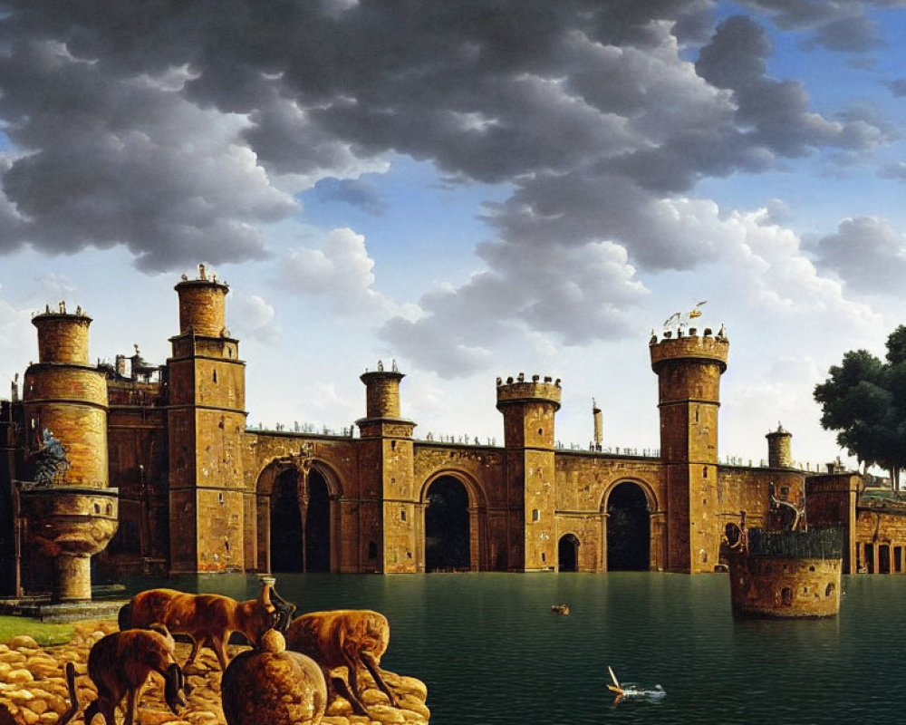 Old fortress with towers, deer, ducks, and dramatic sky.