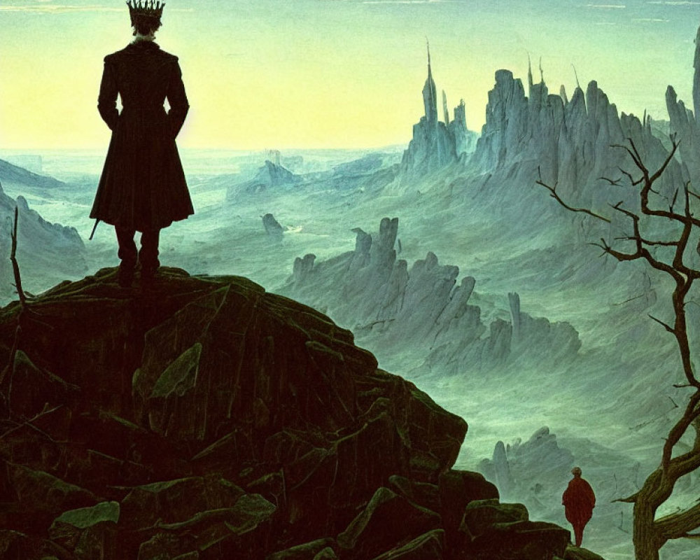 Regal figure in crown overlooks desolate landscape