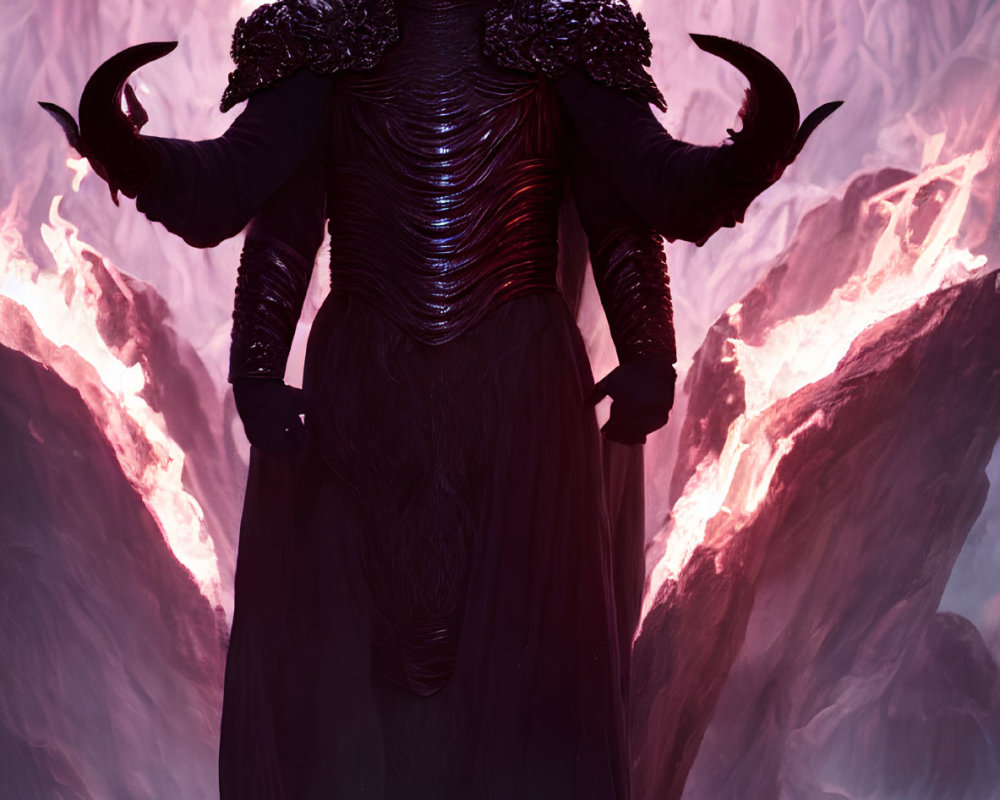 Elaborate dark fantasy armor with horns against red crystal background