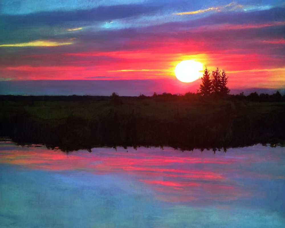 Tranquil lake at sunset with pink and blue hues, silhouetted trees and large sun