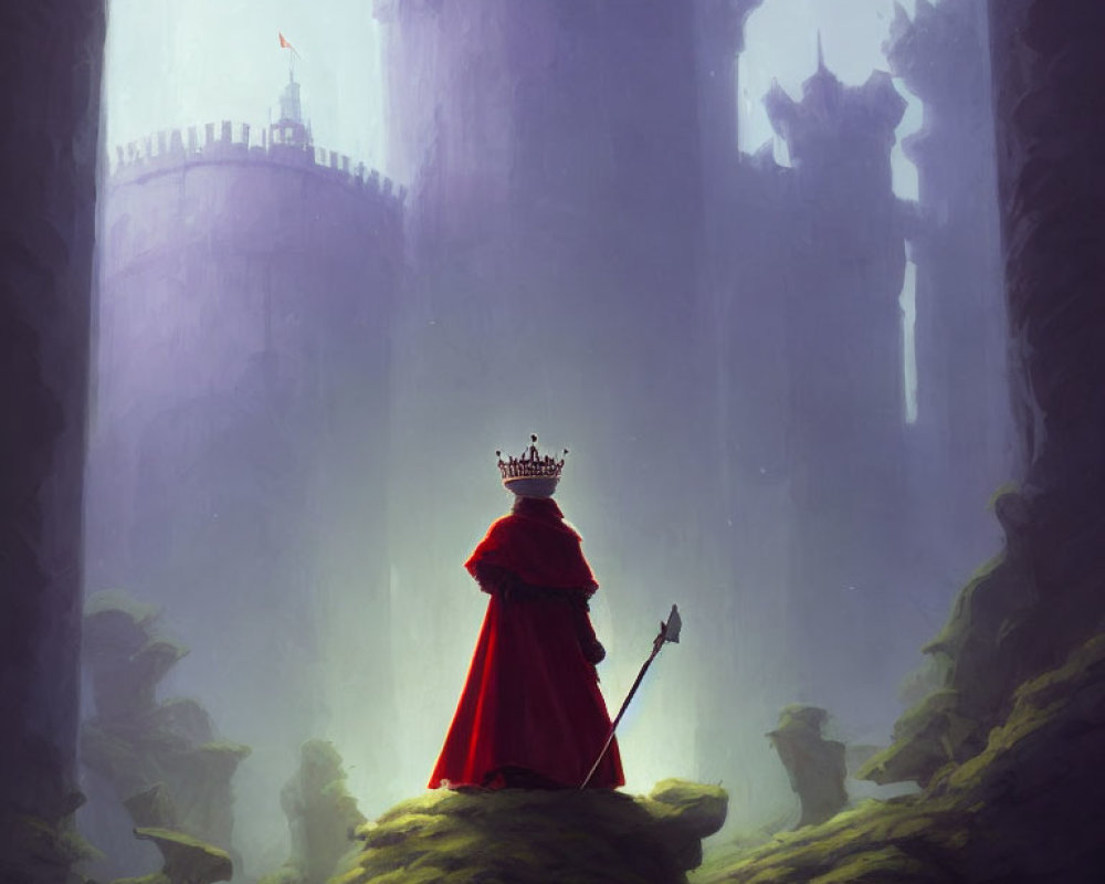 Regal figure in red cloak and crown at misty castle walls