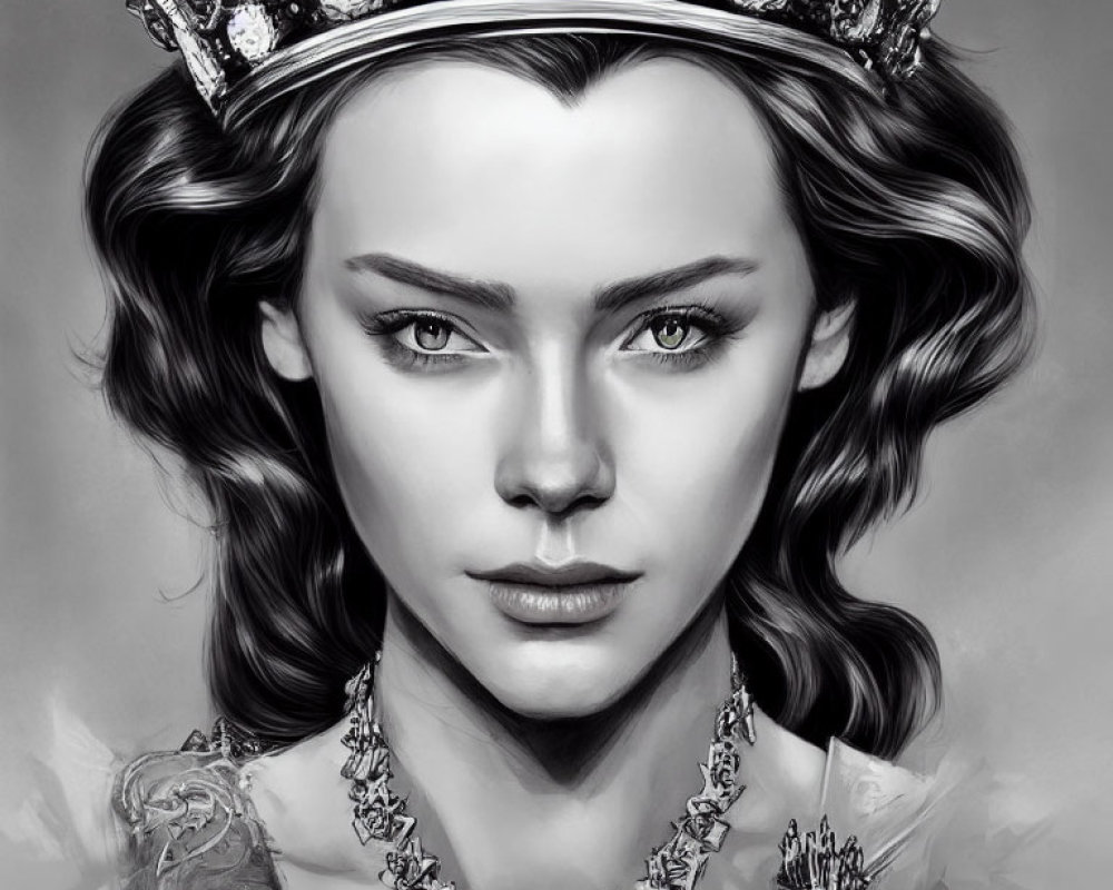 Monochromatic digital art of woman with regal crown and intense gaze