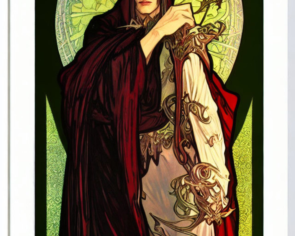 Regal figure with crown and red cloak holding flower in stained-glass backdrop